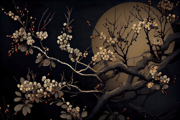 Tree of Prunus spinosa, called blackthorn or sloe. Japanese umeboshi. Moon in background, bonsai tree.  Japanese Culture, Taoists. Generative AI technology - obrazy, fototapety, plakaty