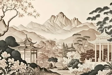 Poster Beautiful landscape of mountains with gardens and flowers by chinese style. Beige, pastel colors. © serdjo13