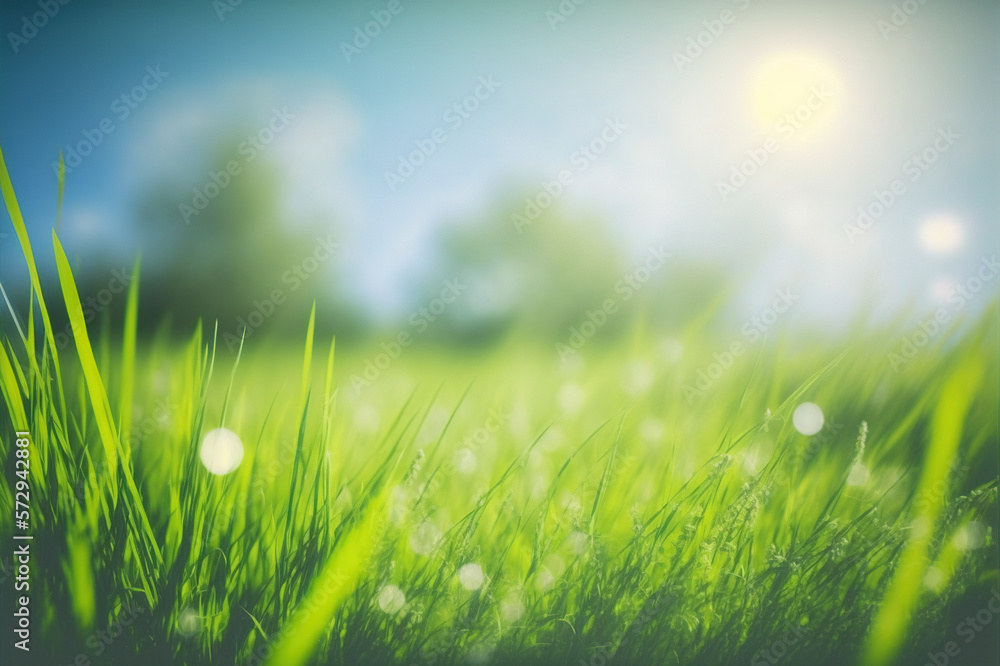 Poster green grass at close up low angle shot with blue sky in background . green nature for spring and sum