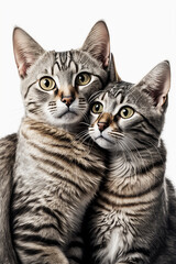 Fototapeta premium Portrait of two domestic cats hugging each other. Shot of pets on a white isolated background looking directly at the camera. Studio light. Advertising photo. Template banner, poster. Generative AI.