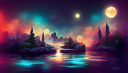 Fantasy night landscape with abstract islands and night sky with space galaxies. Generative Ai