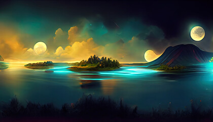 Fantasy night landscape with abstract islands and night sky with space galaxies. Generative Ai