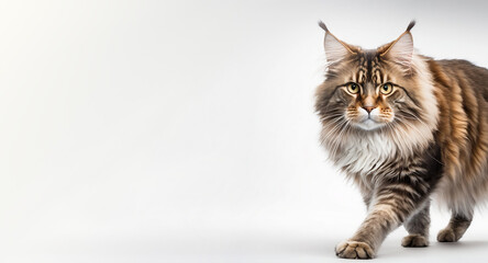 A large Maine Coon cat on a white isolated background walking forward. The pet is looking straight at the camera. Illustration for an advertising product for cats. Natural Studio light. Generative AI.