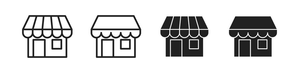 Store icon set. Shop, caffee, restaurant, supermarket symbol. Black and linear style