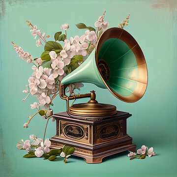 Gramophone with flowers, vintage retro music player, vinyl record, generative AI