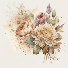 Bouquet of wildflowers in pastel beige colors. Watercolor illustration generative Ai. Beautiful watercolor card, wedding design