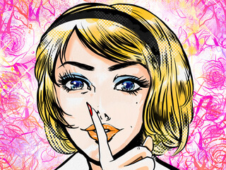 "The Secret" Illustration of a 60s American comic book style beautiful woman posing with her fingers and a flower garden background.