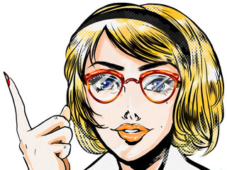 Portrait illustration of a beautiful American woman in the style of 60's American comics, pointing and explaining to a student.