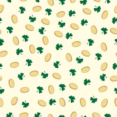Vector seamless pattern for St. Patricks Day with golden coins and clover on a green background