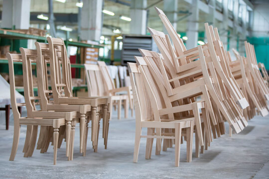 Furniture production from a natural tree. Production of chairs at the factory.