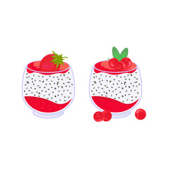 Chia pudding. The taste of strawberries and cranberries. Vector set in flat style