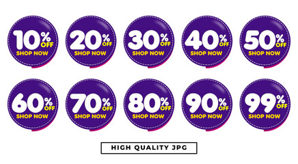 bundle Sale labels Discount tags with percent set 10,20,30,40,50,60,70,80,90,99 purple, white