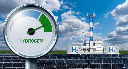 Hydrogen gauge with tree colors - gray, blue and green  on a background of H2 factory using...