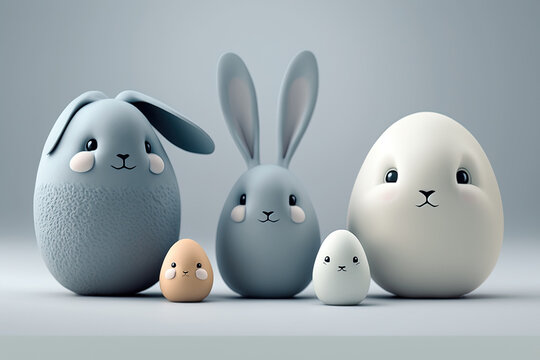 Easter bunnies family, 3D illustration. AI Generative.