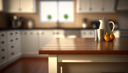 Blank kitchen table with blurry kitchen background created with Generative AI technology
