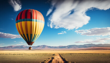 Distant view of hot air balloon with blue sky background created with Generative AI technology