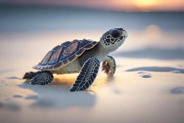 Little turtle on a white beach. Ai generative.
