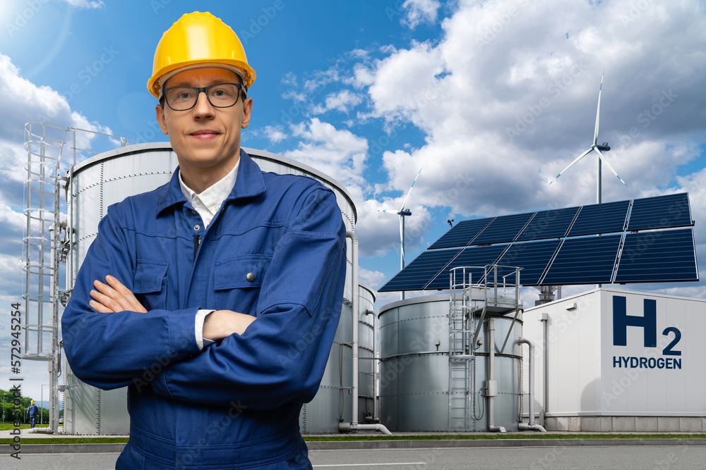 Poster engineer in helmet on a background of hydrogen factory