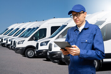 Manager with a digital tablet on the background of vans. Fleet management	