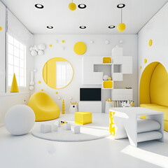 Bright and cozy modern playroom interior with yellow furniture and decoration room on empty yellow or white wall background, Ai generated

