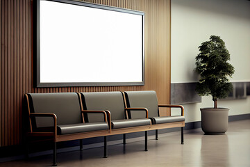 Waiting room for a doctor in a hospital or some office. Above the chairs is a mockup frame with a blank white and copy space for advertising. Illustration with large banner. Generative AI.