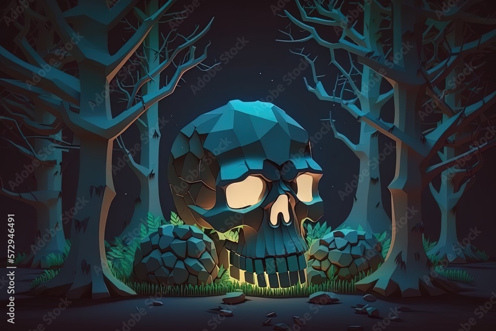Poster scary scenes of a computer-generated skull illuminated by stars in the woods generative ai