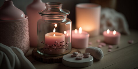 Obraz na płótnie Canvas spa salon in pink soft lighting Candles,roses ,flowers, aromatherapy, composition, soft candle light, romantic relaxing cozy meditation therapy,valentines day concept background relaxation meditation 
