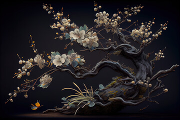 Tree of Prunus spinosa, called blackthorn or sloe. Japanese umeboshi. Japanese Culture, Taoists. Generative AI technology - obrazy, fototapety, plakaty