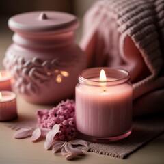 Fototapeta na wymiar spa salon in pink soft lighting Candles,roses ,flowers, aromatherapy, composition, soft candle light, romantic relaxing cozy meditation therapy,valentines day concept background relaxation meditation 