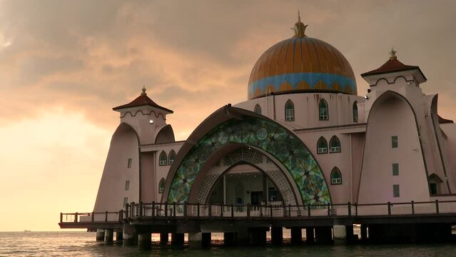Sunset view of Melaka Straits Mosque, floating mosque in Malaysia