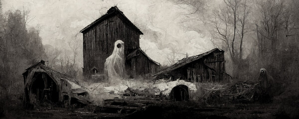 Ghost in Rotting Barn AI Generated - obrazy, fototapety, plakaty