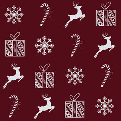 Fototapeta premium white snowflake, christmas gift, candy cane and reindeer on dark red ground seamless pattern winter background