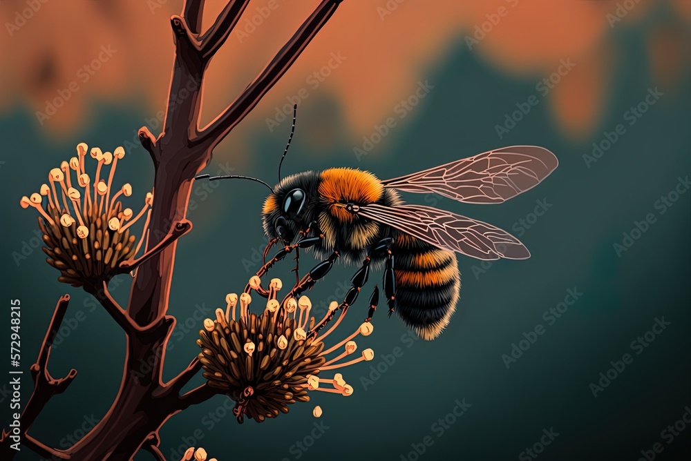 Poster a macro photograph of a red-tailed mining bee perched on a willow tree generative ai