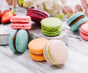 French macaroons. coffee, chocolate, vanilla and raspberry macaroons