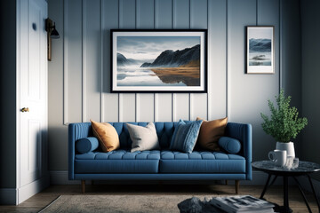 Blue couch in living room with pictures on the wall. Generative AI.