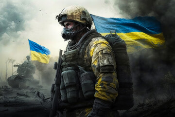 Soldier with gas mask and an ukrainian flag. Generative AI.