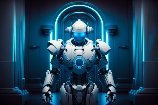 An image of robot standing in front of door. Generative AI.