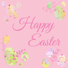 Fototapeta na wymiar happy easter text on light pink ground with watercolor easter eggs and floral branches