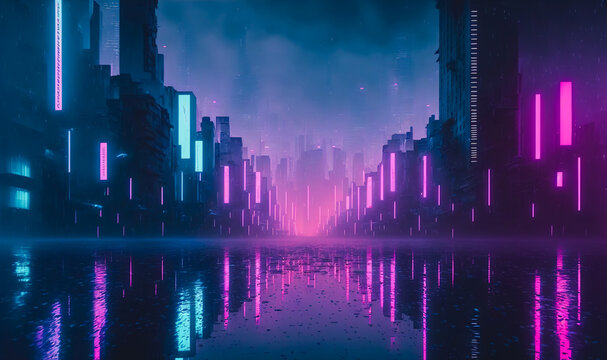 Futuristic city with neon light of pink and blue illuminated city street . Sublime Generative AI image . © Blue Planet Studio