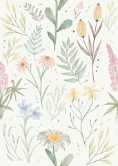 Seamless pattern Watercolor vintage hand drawn floral home decor background design branches and eucalyptus leaves Botanical flowers blooms, nature cover invitation fabric canvas print daisy coneflower