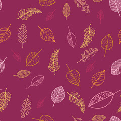 pink, yellow and orange autumn leaves on dark pink ground seamless pattern background