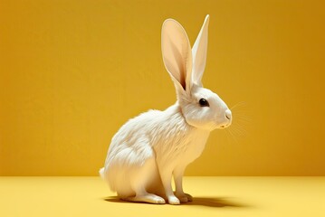 White bunny on pastel yellow background. Ai generative.