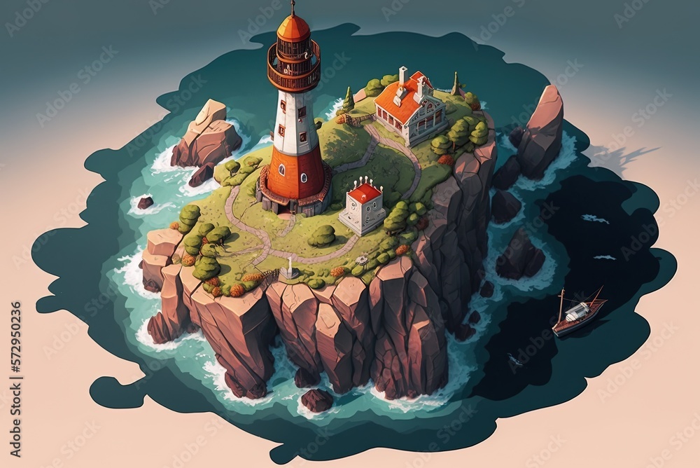 Poster seaside cliffs with a tower perched on them in an aerial overhead shot generative ai