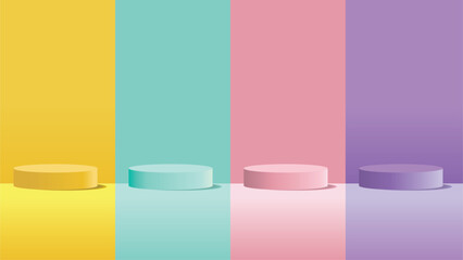 Set of Yellow, Turquoise, Pink, Purple, scene background with stage podium. Pedestal with for product display, show base on pastel color backdrop. 