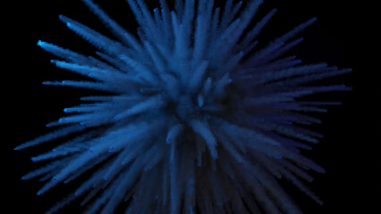 黒背景の抽象的な粉の爆発。色粉の爆発。抽象的なクローズアップのほこり。青色の爆発。
