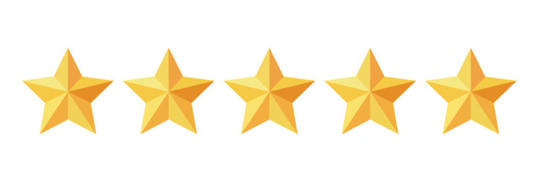 Five stars rating button. Yellow rating stars on white background.