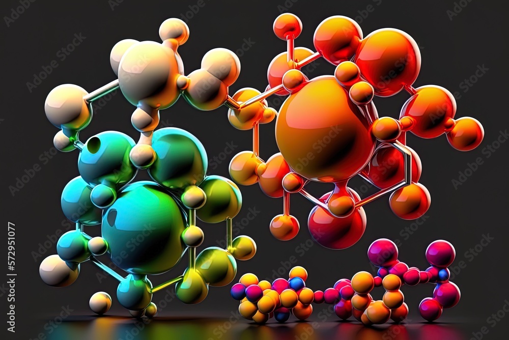 Poster vibrant prototypes crafted from a molecule's closeup of glossy atoms of varying colors. generative a