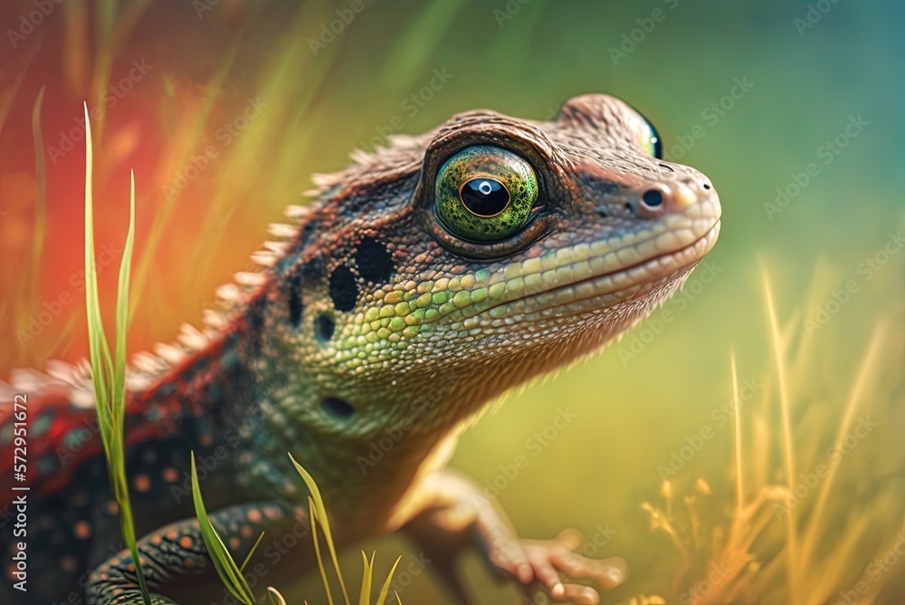Poster a zoomed-in photo of a lizard against a hazy backdrop generative ai