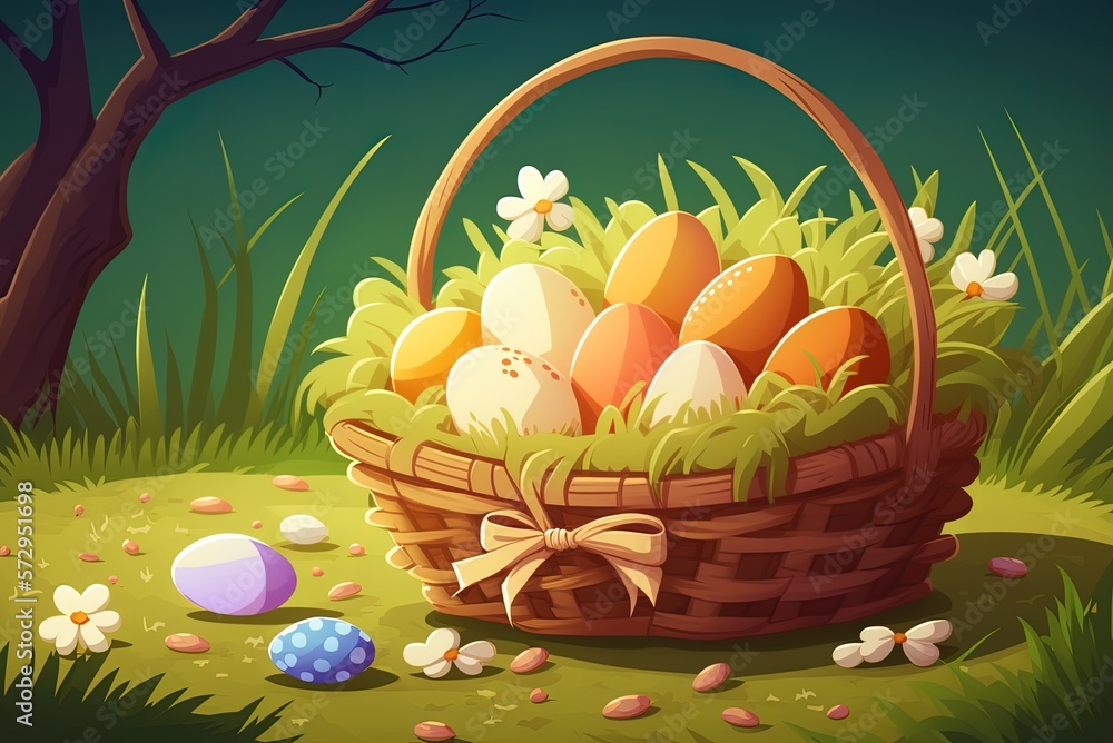 Poster chicken eggs in a basket, with trees in the backdrop generative ai