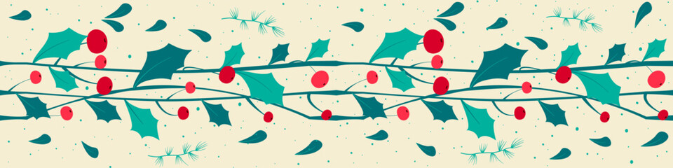 Fototapeta na wymiar Horizontal seamless christmas pattern. Mistletoe vector seamless print pattern illustration. Wrapping paper, invitations, wallpaper, fabric.